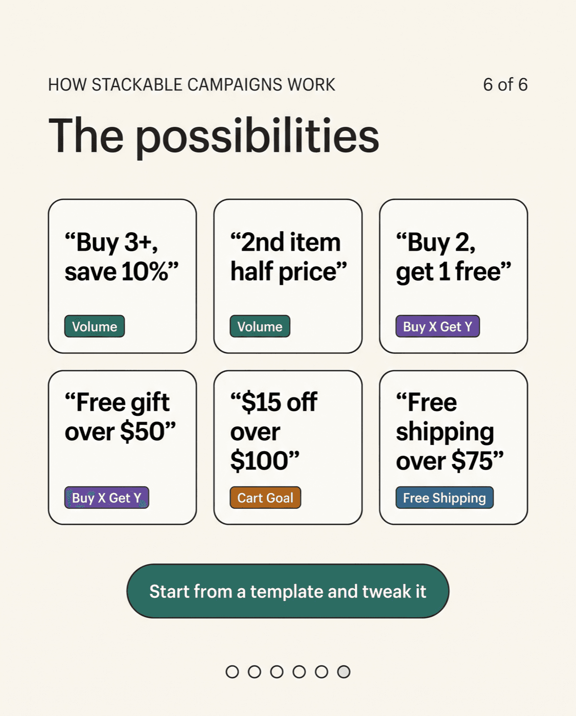 Six recipe chips: buy 3 save 10 percent, 2nd item half price, buy 2 get 1 free, free gift over 50 dollars, 15 dollars off over 100, free shipping over 75.